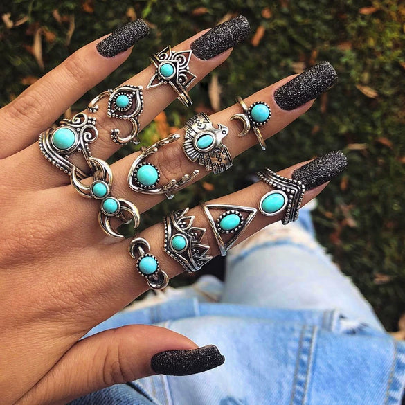 Alloy Geometric Carved Feather Women's Retro Ring Set With Electroplating