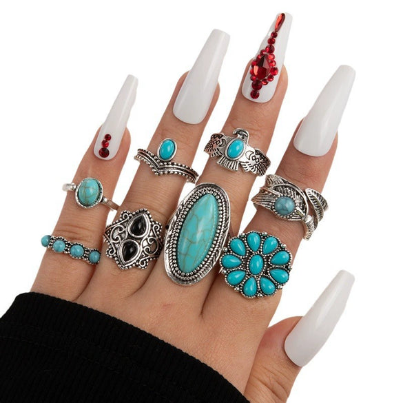 Alloy Geometric Carved Feather Women's Retro Ring Set With Electroplating