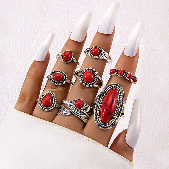 Alloy Geometric Carved Feather Women's Retro Ring Set With Electroplating