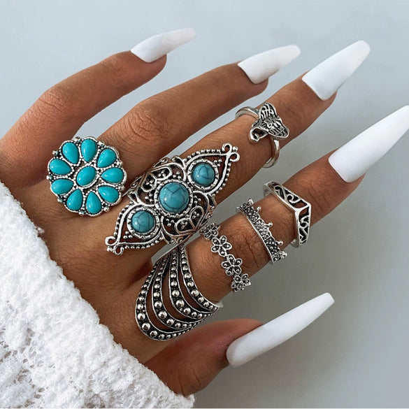 Alloy Geometric Carved Feather Women's Retro Ring Set With Electroplating