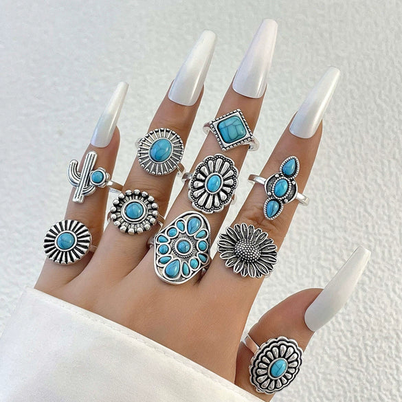 Alloy Geometric Carved Feather Women's Retro Ring Set With Electroplating