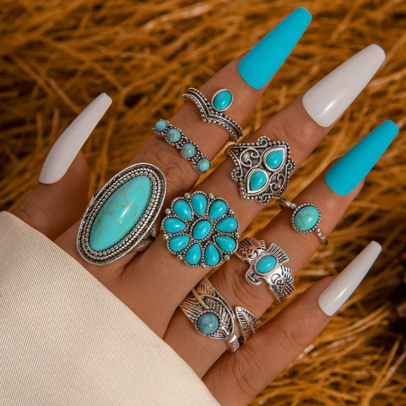 Alloy Geometric Carved Feather Women's Retro Ring Set With Electroplating