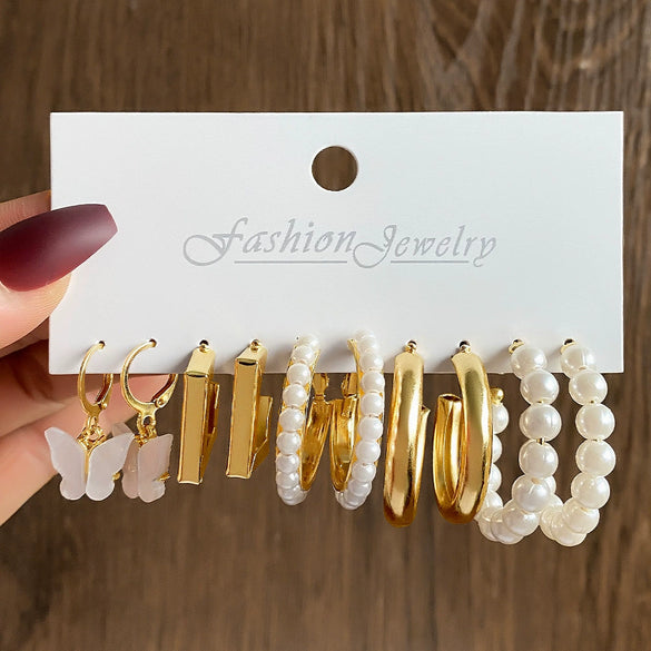 Alloy Geometric Circle Pearl Butterfly Exaggerated Twisted Women Earrings Electroplated
