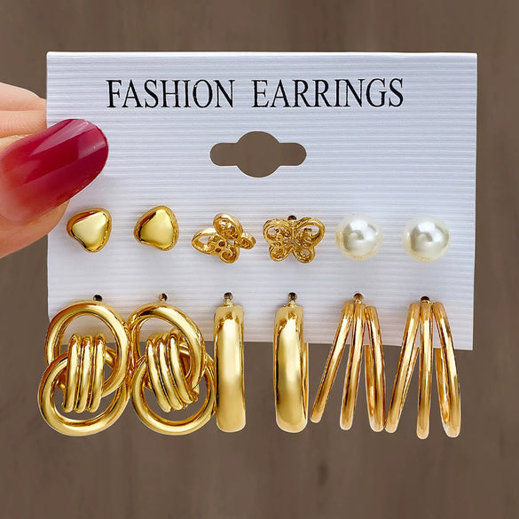 Alloy Geometric Circle Pearl Butterfly Exaggerated Twisted Women Earrings Electroplated