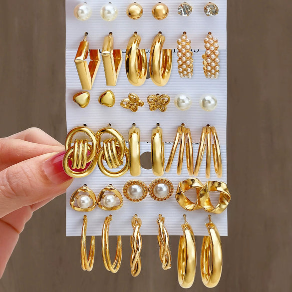 Alloy Geometric Circle Pearl Butterfly Exaggerated Twisted Women Earrings Electroplated