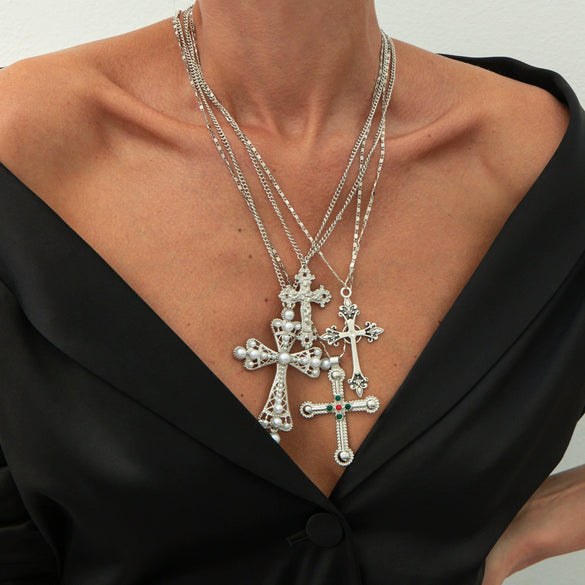 Alloy Geometric Cross Inlaid Pearl Pendant Necklace With Electroplating Metal Chain Unisex