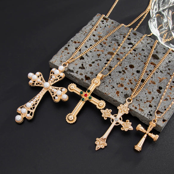 Alloy Geometric Cross Inlaid Pearl Pendant Necklace With Electroplating Metal Chain Unisex