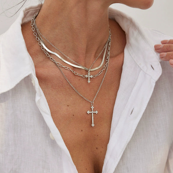 Alloy Geometric Cross Pendant Necklace With Snake Bone Chain Electroplating Hiphop Design For Women