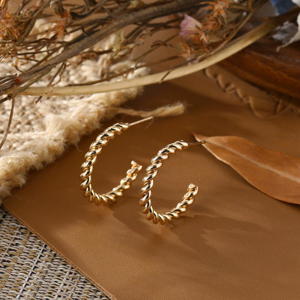 Alloy Geometric Cshaped Twisted Golden Plain Loop Earrings For Women