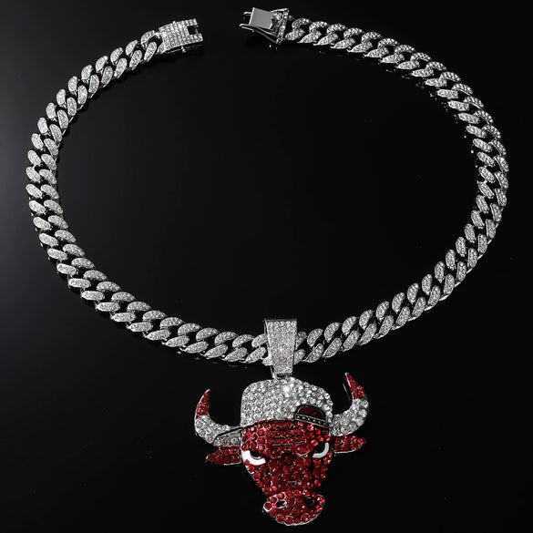 Alloy Geometric Diamond Bull Head Pendant Men's Cuban Chain Necklace Accessories