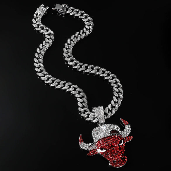 Alloy Geometric Diamond Bull Head Pendant Men's Cuban Chain Necklace Accessories