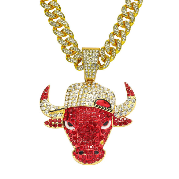 Alloy Geometric Diamond Bull Head Pendant Men's Cuban Chain Necklace Accessories