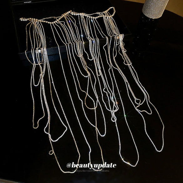 Alloy Geometric Diamondembedded Long Necklace With Exaggerated Tassel Shoulder Chain For Women