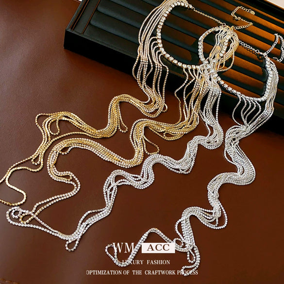 Alloy Geometric Diamondembedded Tassel Long Clavicle Chain Necklace For Women Electroplated Fashion Niche Style