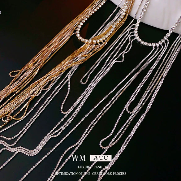 Alloy Geometric Diamondembedded Tassel Long Clavicle Chain Necklace For Women Electroplated Fashion Niche Style