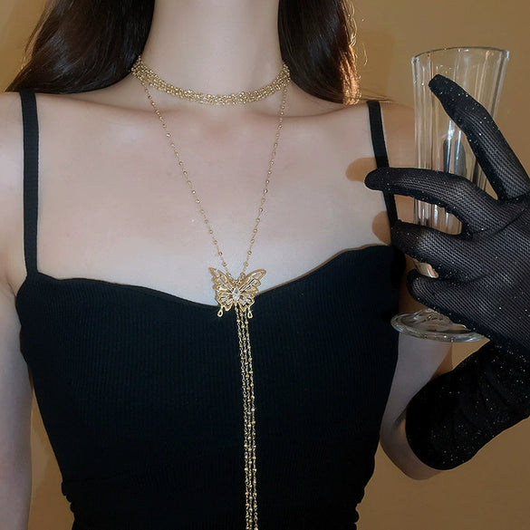 Alloy Geometric Diamondembedded Tassel Long Clavicle Chain Necklace For Women Electroplated Fashion Niche Style