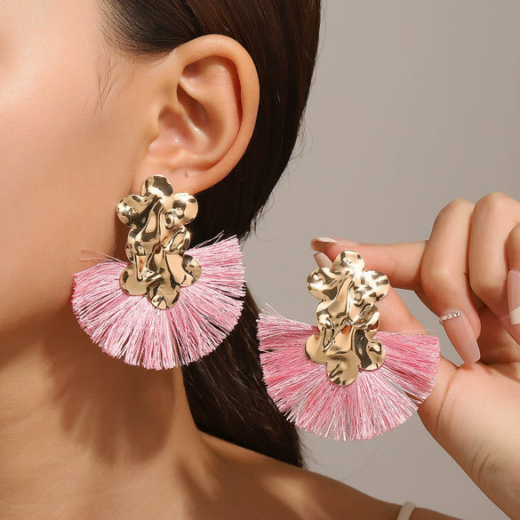 Alloy Geometric Flower Fanshaped Tassel Women's Retro Exaggerated Earrings Electroplated