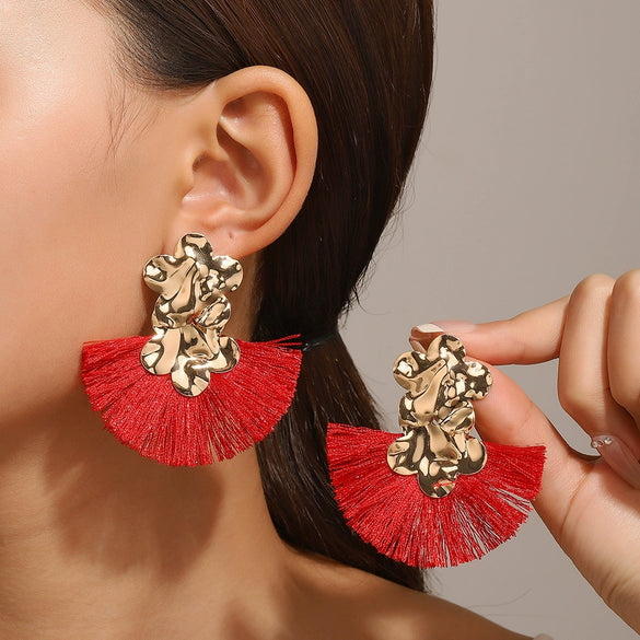 Alloy Geometric Flower Fanshaped Tassel Women's Retro Exaggerated Earrings Electroplated