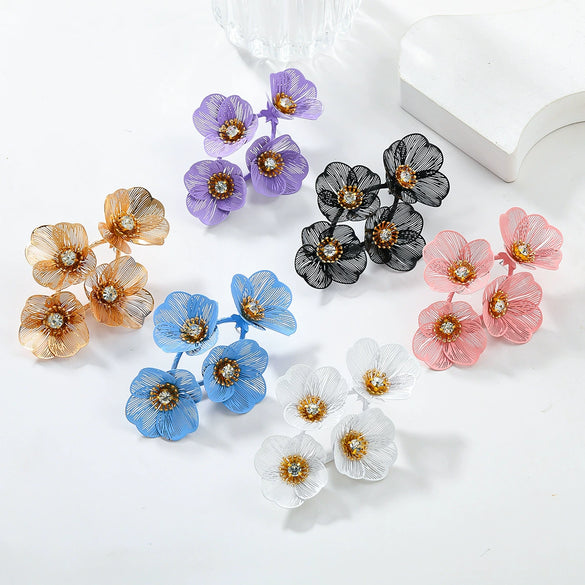 Alloy Geometric Flower Tassel Electroplated Earrings For Women Niche Fashionable Elegant Light Luxury Style