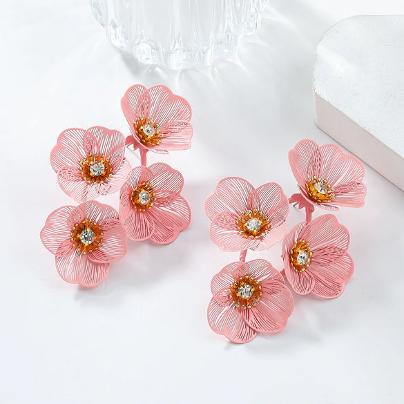 Alloy Geometric Flower Tassel Electroplated Earrings For Women Niche Fashionable Elegant Light Luxury Style