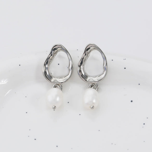 Alloy Geometric Freshwater Pearl Electroplating Ear Needle Earrings