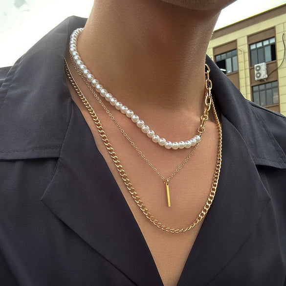 Alloy Geometric Handmade Men's Pearl Hiphop Stacked Clavicle Necklace