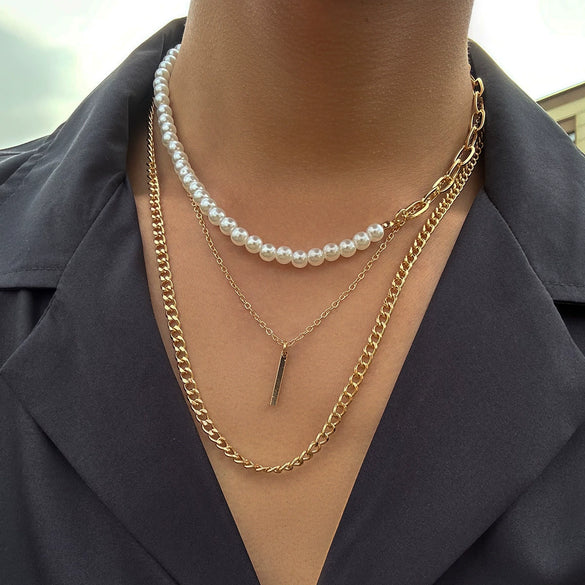 Alloy Geometric Handmade Men's Pearl Hiphop Stacked Clavicle Necklace