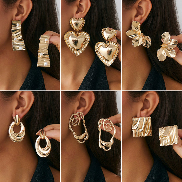 Alloy Geometric Heart Electroplating Pleated Lace Asymmetrical Petal Women's Earrings