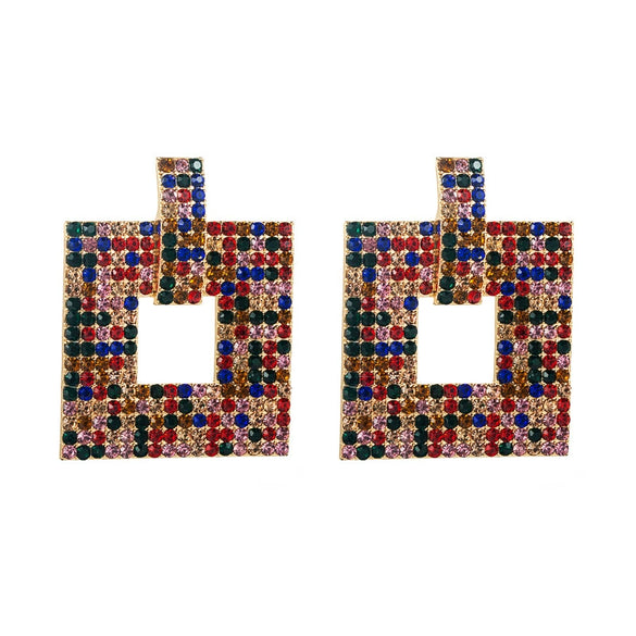 Alloy Geometric Hollow Square Earrings With Colorful Rhinestone Embellishment And Full Crystal Sparkle