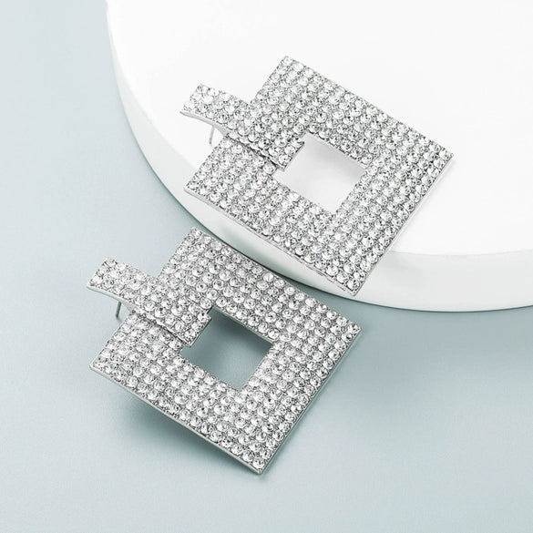 Alloy Geometric Hollow Square Earrings With Colorful Rhinestone Embellishment And Full Crystal Sparkle