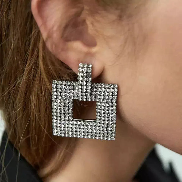 Alloy Geometric Hollow Square Earrings With Colorful Rhinestone Embellishment And Full Crystal Sparkle