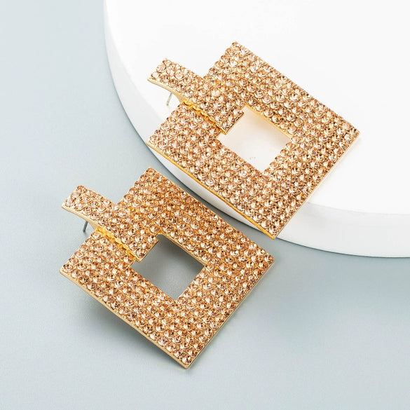 Alloy Geometric Hollow Square Earrings With Colorful Rhinestone Embellishment And Full Crystal Sparkle