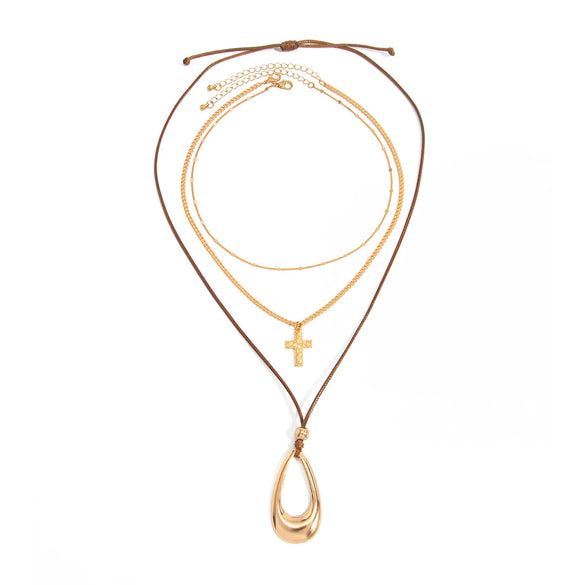 Alloy Geometric Hollow Teardrop Pendant Necklace With Layered Waxed Rope Chain And Adjustable Lobster Clasp