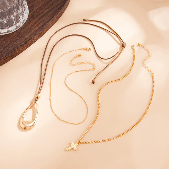 Alloy Geometric Hollow Teardrop Pendant Necklace With Layered Waxed Rope Chain And Adjustable Lobster Clasp