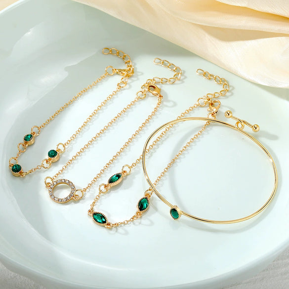 Alloy Geometric Imitation Emerald Diamond Women's Bracelet Four Piece Set