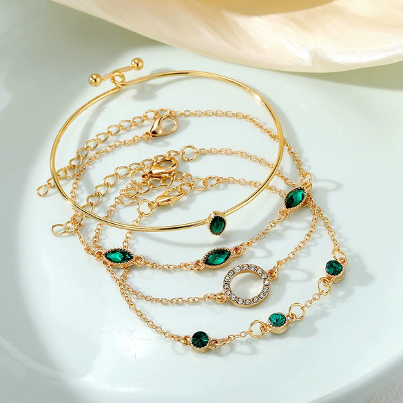Alloy Geometric Imitation Emerald Diamond Women's Bracelet Four Piece Set