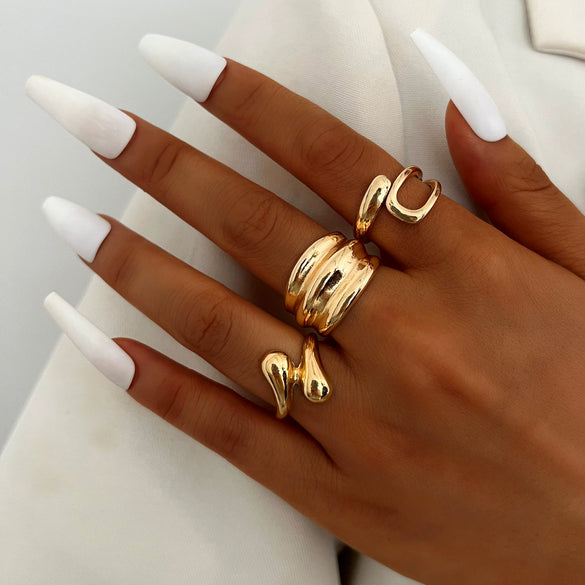 Alloy Geometric Irregular Curved Line Water Drop Ring Set Electroplated Hand Jewelry