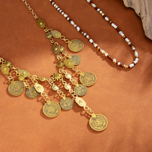 Alloy Geometric Metal Coin Pendant Tassel Necklace Electroplated For Women