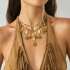 Alloy Geometric Metal Coin Pendant Tassel Necklace Electroplated For Women
