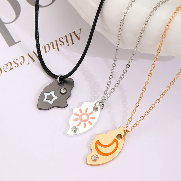 Alloy Geometric Minimalist Electroplated Twopiece Set Necklace With Stars Moon And Sun Splicing