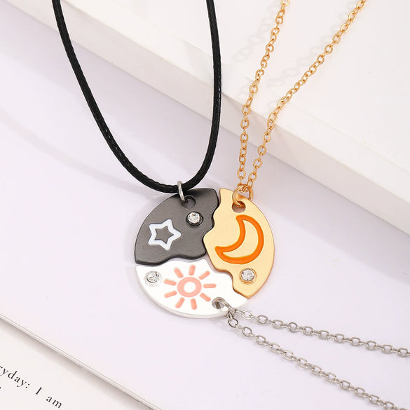 Alloy Geometric Minimalist Electroplated Twopiece Set Necklace With Stars Moon And Sun Splicing