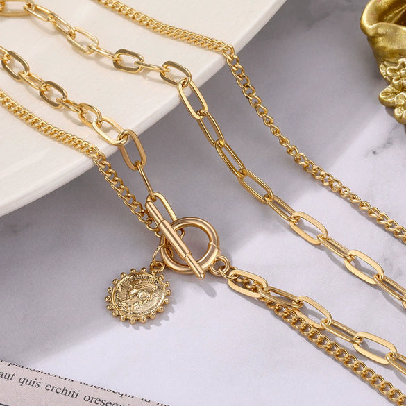 Alloy Geometric Multi Layer Chain Pendant Necklace With Electroplating Treatment