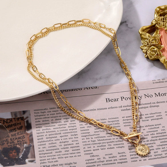 Alloy Geometric Multi Layer Chain Pendant Necklace With Electroplating Treatment