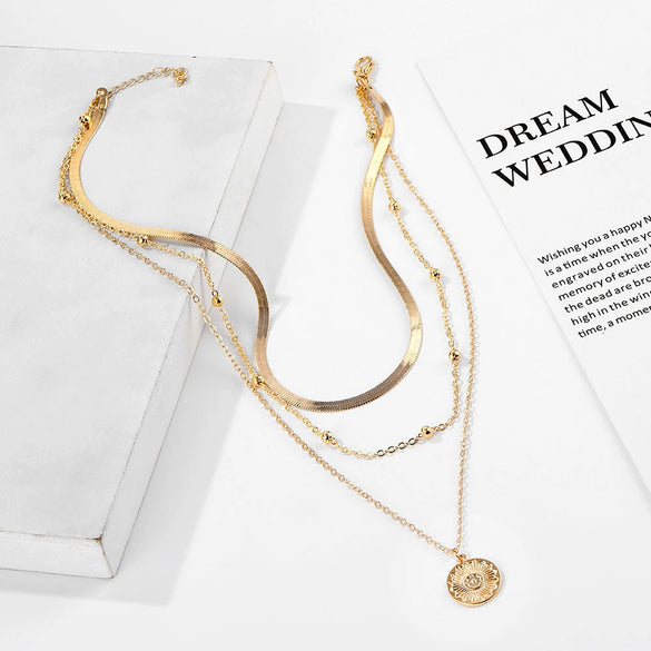 Alloy Geometric Multilayer Lotus Pendant Necklace For Women With Electroplated Blade Chain