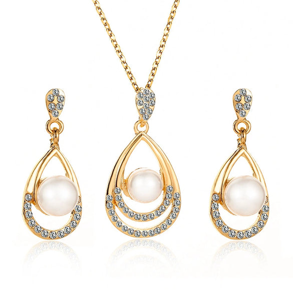 Alloy Geometric Pearl Jewelry Set With Cross Chain For Women Electroplated Necklace And Earrings Twopiece Set