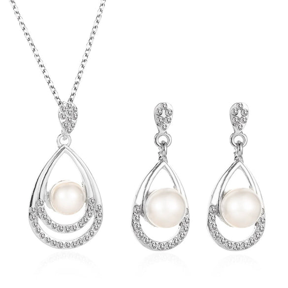 Alloy Geometric Pearl Jewelry Set With Cross Chain For Women Electroplated Necklace And Earrings Twopiece Set