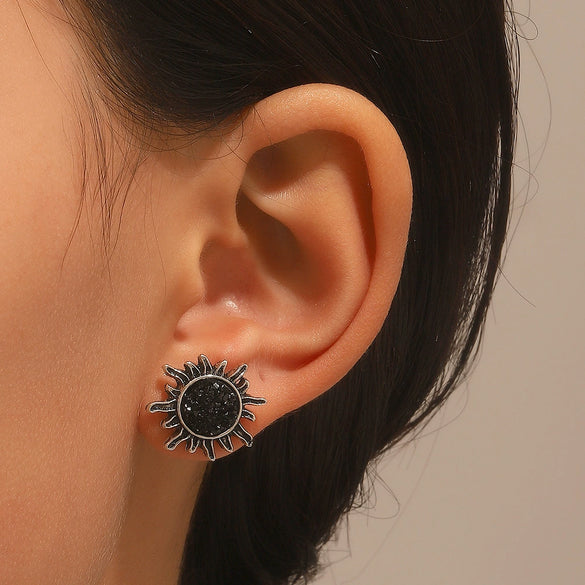 Alloy Geometric Retro Sun Crystal Cluster Electroplated Earrings For Unisex Bohemian Punk Style