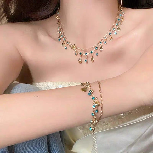 Alloy Geometric Rhinestones Electroplating Shell Bracelet Necklace Set Clavicle Chain Women's Accessories