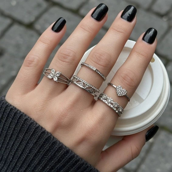 Alloy Geometric Ring Set With Heart And Butterfly Designs Polished Finish And Sparkling Diamond Details For Layered Fashion Styling