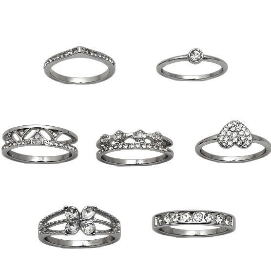 Alloy Geometric Ring Set With Heart And Butterfly Designs Polished Finish And Sparkling Diamond Details For Layered Fashion Styling